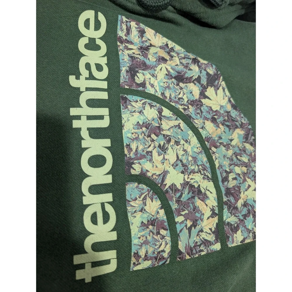 North Face Mens Med Forest Green Leaves Logo Gorpcore Cabin Hoodie Sweatshirt